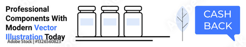 Three glass jars arranged on a shelf, accompanied by a blue cashback speech bubble and minimalist leaf icon. Ideal for finance, e-commerce, sustainability, organic products, packaging, retail, online