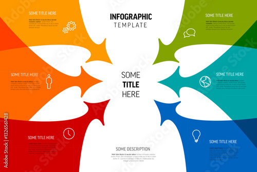 A colorful infographic template featuring six arrows pointing towards a central title. The design includes icons and text areas for customizable data representation and organization.
