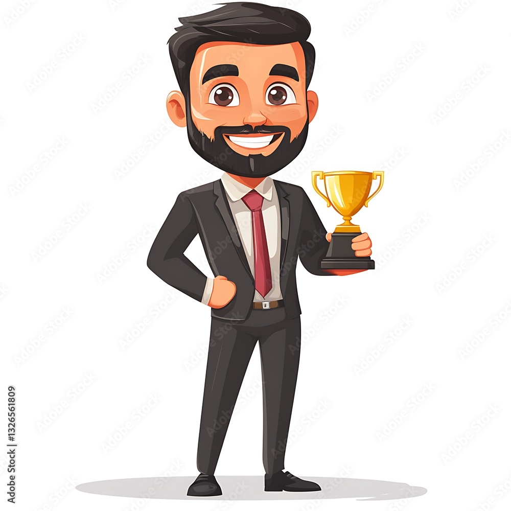 Champion's Triumph: A smiling cartoon businessman in a suit stands, holding a golden trophy high, embodying success and achievement. Champion's Triumph: A smiling cartoon businessman in a suit stands, holding a golden trophy high, embodying success and achievement.
