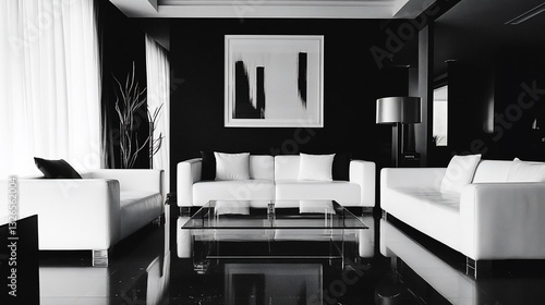 Monochrome interior featuring white sofas, black walls, a glass table and abstract artwork