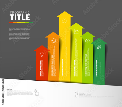 A vibrant infographic featuring multicolored upward arrows representing growth metrics. Each arrow includes icons and text detailing categorized data in an appealing design.