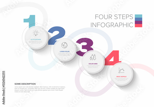A modern four-step infographic with circular elements and numbered sections. It features clean typography, icons, and a minimalist style ideal for business or presentation visuals.