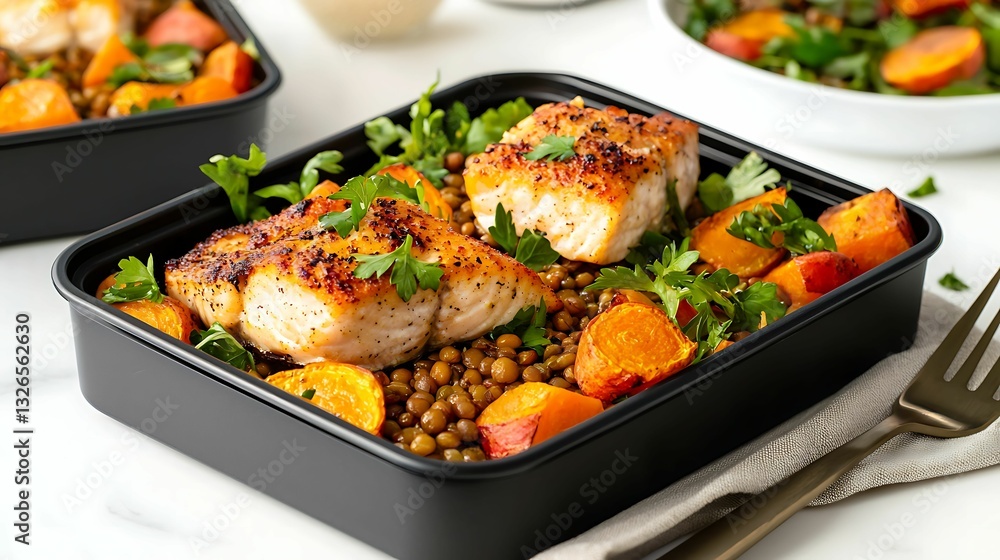 A delicious meal featuring seasoned salmon fillets served with lentils and roasted vegetables in a black container, garnished with fresh herbs. A delicious meal featuring seasoned salmon fillets served with lentils and roasted vegetables in a black container, garnished with fresh herbs.