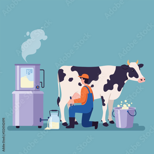 Farmer Milking Cow Illustration with Equipment and Dairy Canister