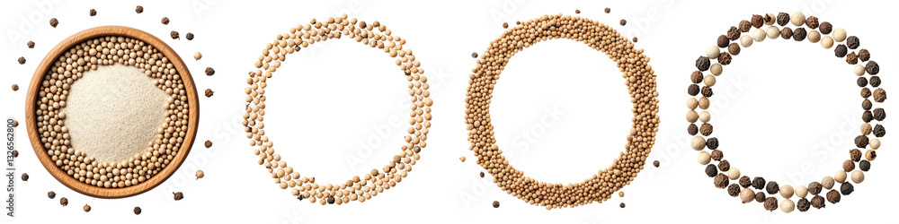Assortment of various spices and herbs such as peppercorns mustard seeds and other aromatic condiments arranged in concentric circles on a light minimalist background Assortment of various spices and herbs such as peppercorns mustard seeds and other aromatic condiments arranged in concentric circles on a light minimalist background