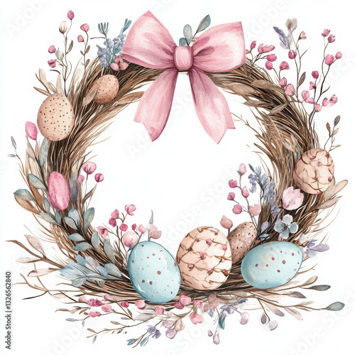 watercolour texture, charming easter wreath with pastel color and pastle beige romantic wild florals and with pink bow and flowers