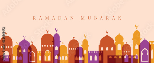 Ramadan Mubarak banner with colorful mosque domes and minarets. Islamic architecture in warm shades of orange, gold, and purple. Modern vector design for Ramadan greeting banners, covers, posters.