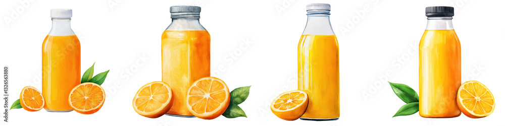 Assorted glass bottles filled with fresh vibrant orange juice alongside sliced orange wedges and green leaves showcasing a healthy and refreshing beverage option Assorted glass bottles filled with fresh vibrant orange juice alongside sliced orange wedges and green leaves showcasing a healthy and refreshing beverage option