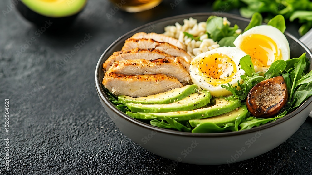 A vibrant salad bowl featuring grilled chicken, avocado, boiled eggs, and greens, showcasing a healthy and appetizing meal. A vibrant salad bowl featuring grilled chicken, avocado, boiled eggs, and greens, showcasing a healthy and appetizing meal.
