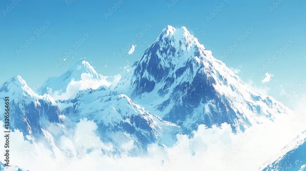 Obraz premium Majestic snow-capped mountains under a clear blue sky with scattered white birds soaring