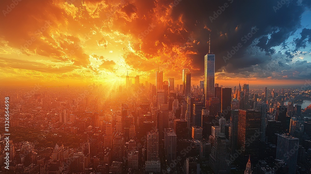 Obraz premium Fiery sunset over Manhattan skyline.
