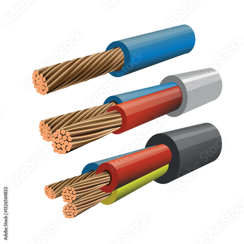 Set of electrical copper core multi strand cables. Single-core, two-core and three-core wires. Vector illustration isolated on white background