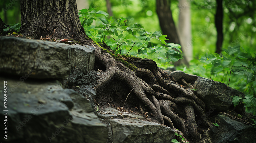 Textured close-up of weathered stones and twisted tree roots, surrounded by green forest underbrush, with Krasnoyarsk Pillars visible in the background, space for design (1) Textured close-up of weathered stones and twisted tree roots, surrounded by green forest underbrush, with Krasnoyarsk Pillars visible in the background, space for design (1)