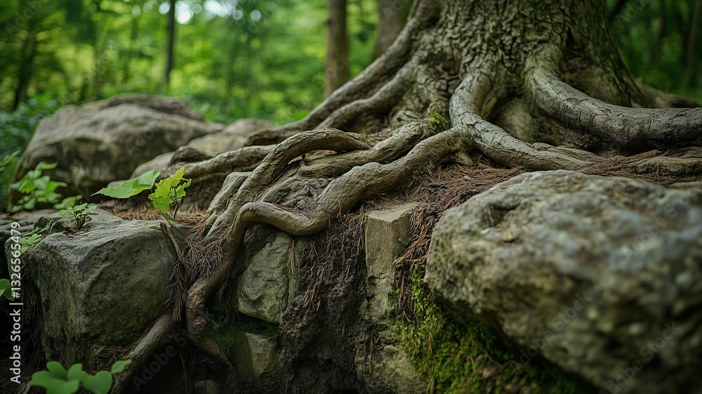 Textured close-up of weathered stones and twisted tree roots, surrounded by green forest underbrush, with Krasnoyarsk Pillars visible in the background, space for design (1) Textured close-up of weathered stones and twisted tree roots, surrounded by green forest underbrush, with Krasnoyarsk Pillars visible in the background, space for design (1)