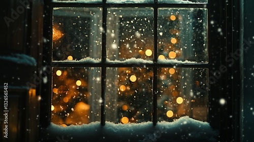 A wintry night view through a window with snow falling and warm lights glowing inside