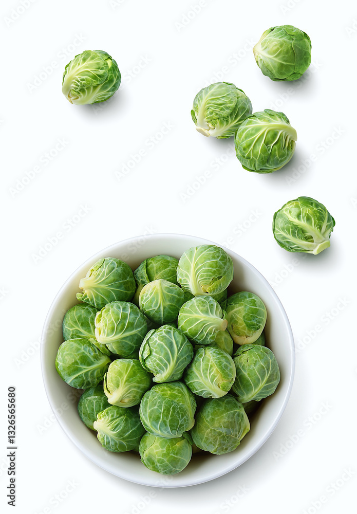 Fototapeta premium Brussels sprouts in bowl isolated on white background. Package design element. Top view