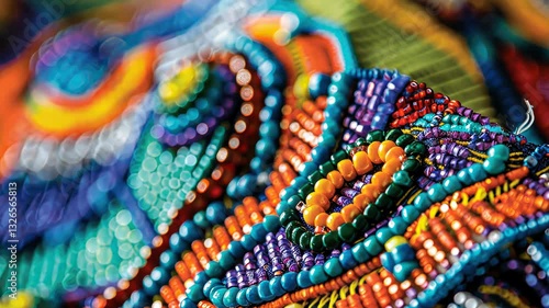 Close-up of intricate beadwork by indigenous artisans, showcasing rich traditions. Indigenous Peoples Day, August 9