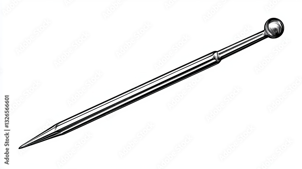 A black-and-white vector line illustration of a straight single-point knitting needle. The object is isolated against a white background A black-and-white vector line illustration of a straight single-point knitting needle. The object is isolated against a white background