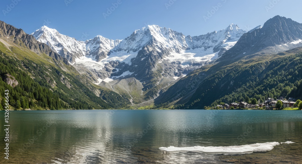 Naklejka premium A peaceful alpine lake reflects majestic snow-capped mountains under clear blue skies. Great for adventure, serenity, and outdoor exploration visuals