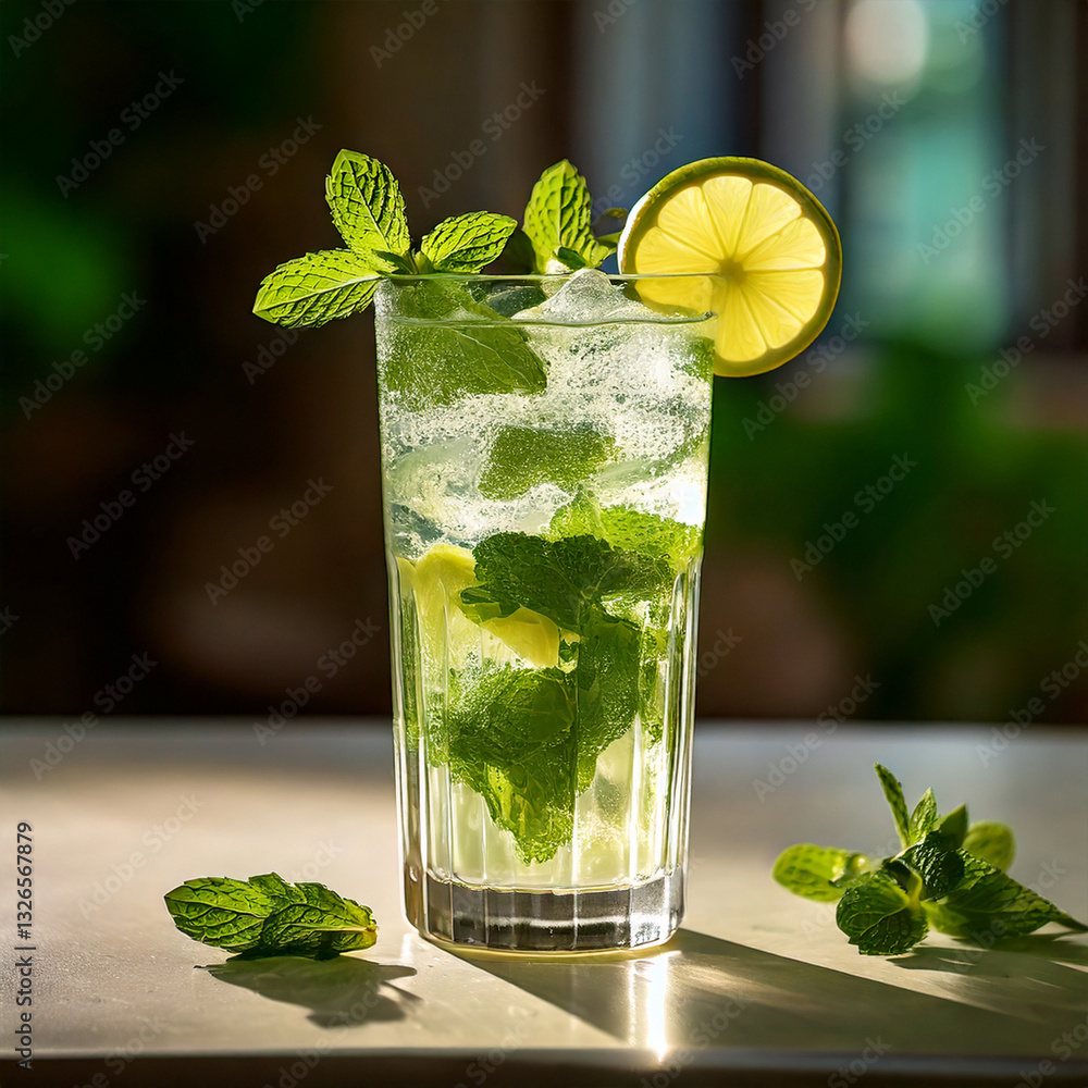 Mojito cocktail on a light table with fresh mint and limes, refreshing drink, photography, editorial