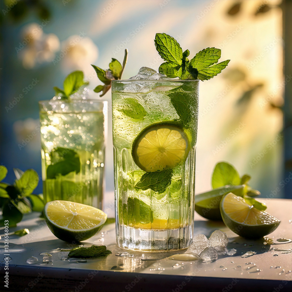 Mojito cocktail on a light table with fresh mint and limes, refreshing drink, photography, editorial