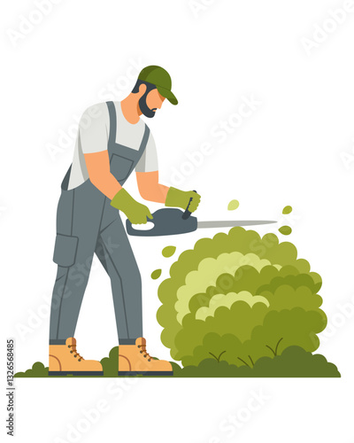 Garden worker pruning a bush. Garden work. Vector color illustration.