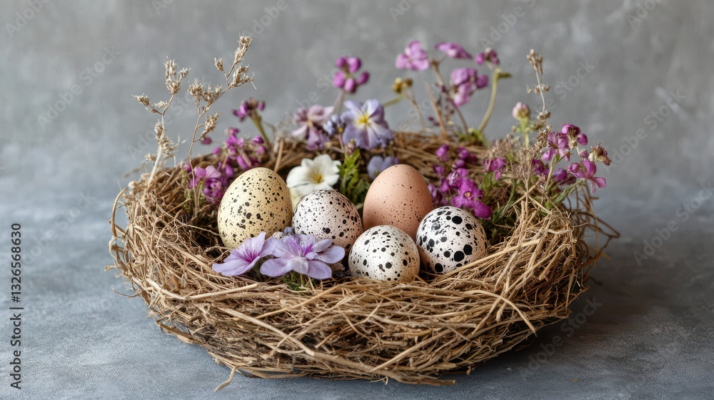 Obraz premium Straw Easter nest with speckled eggs and spring flowers