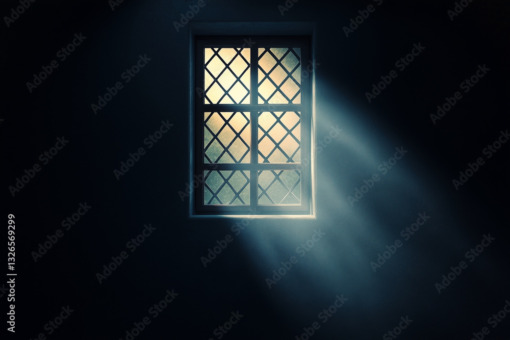 A shadow of an open window with a diamond pattern on the wall, illuminated by a spotlight from above A shadow of an open window with a diamond pattern on the wall, illuminated by a spotlight from above