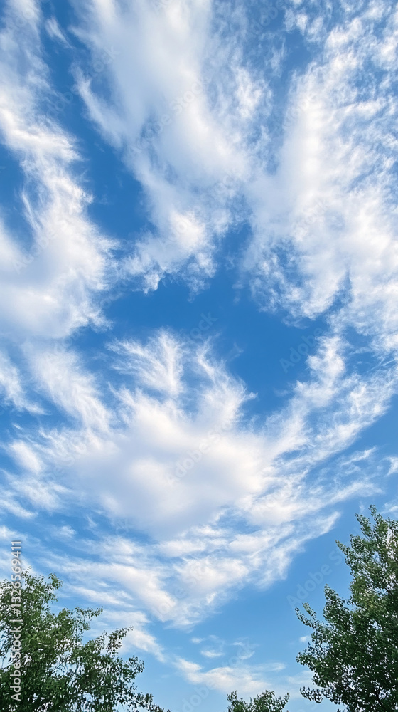 Wispy White Clouds in Bright Blue Sky with Tree Branches Frame
Wispy White Clouds in Bright Blue Sky with Tree Branches Frame