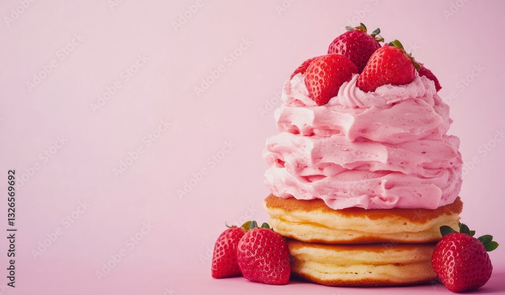 Strawberry Pancake Stack with Pink Cream on Soft Pink Background Strawberry Pancake Stack with Pink Cream on Soft Pink Background