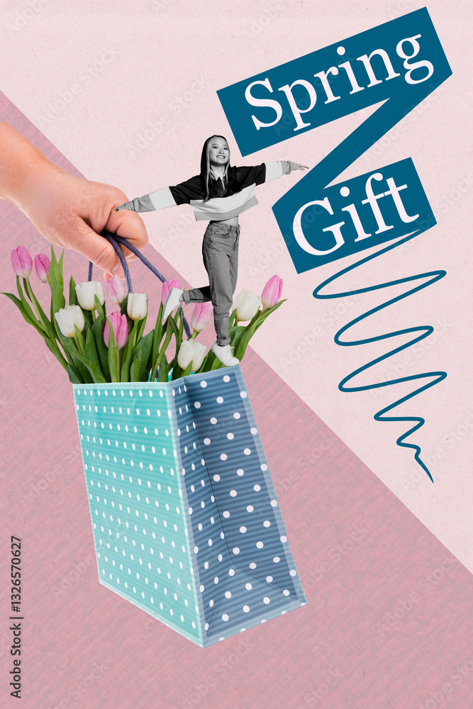 Fototapeta premium Template poster trend artwork 3D photo collage of big hand hold bag spring gift tulip bouquet young woman stand bloom botanical holiday