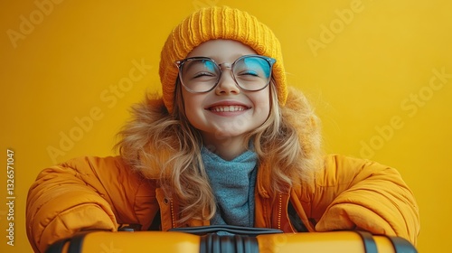 Happy girl, yellow studio, winter jacket, luggage, travel