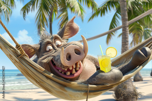 A cartoonish, happy warthog lies in a hammock on an exotic island under palm trees against the backdrop of the ocean with a glass of lemonade in his hand.