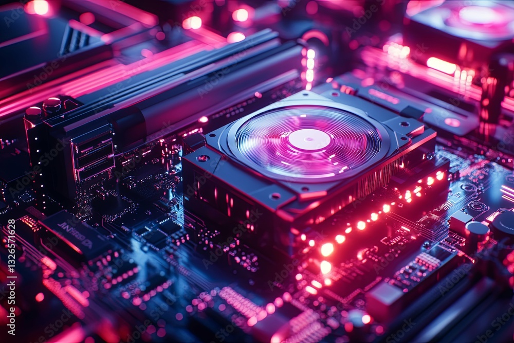A close up of a computer motherboard with glowing lights A close up of a computer motherboard with glowing lights