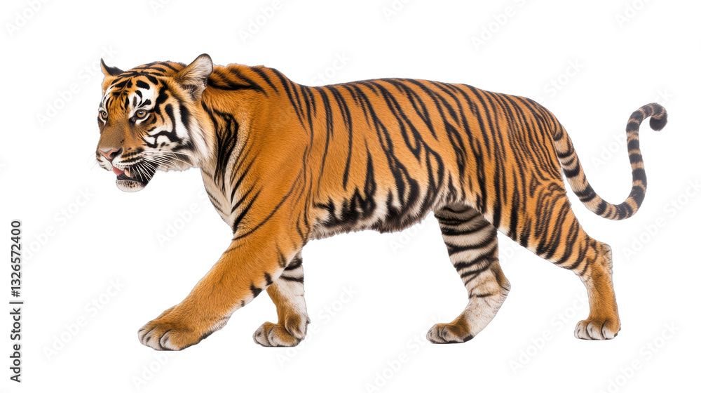 Fototapeta premium Majestic tiger walking, vibrant orange and black stripes, powerful presence in lush jungle setting, perfect for wildlife themes. Isolated on white background or PNG
