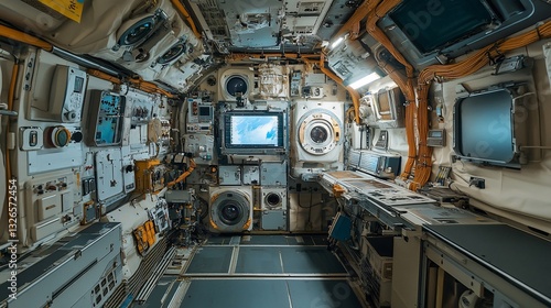 Interior View of a Spacecraft Control Room with Monitors and Complex Wiring Systems