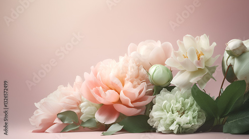 Pastel bouquet background | Rose, tulip, peony design on the bottom right | Elegant spring sentiment wallpaper | Poster, card, presentation, web background | Luxurious floral design