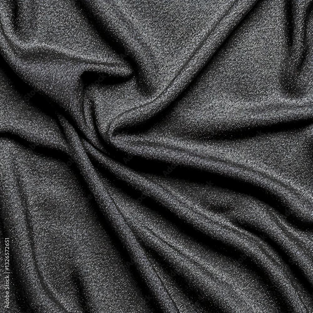 Fototapeta premium A close-up of a textured black fabric, showcasing its shimmering surface and intricate folds, ideal for fashion and design applications.