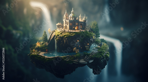 Miniature castle floating in the air | Micro fantasy kingdom | Tilt shift diorama | Mysterious sky island and tiny creatures