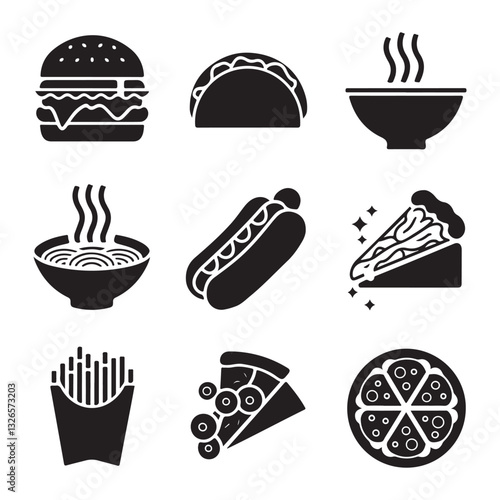 Fast food vector line bold icon set with text. Pizza, noodle soup, hot dog, popcorn, ice cream, chips, hot dog, donut, sandwich.Fast food vector icon set with text. Pizza, taco, hamburger, fries potat
