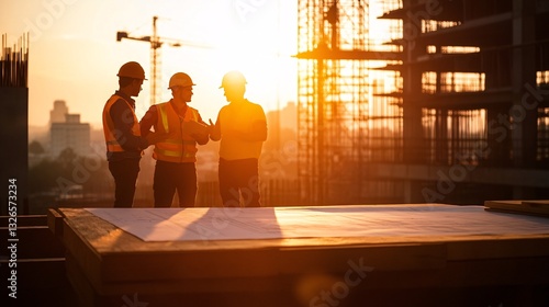 Group of Civil Engineers Collaborating at Construction Site with Blueprint on Table