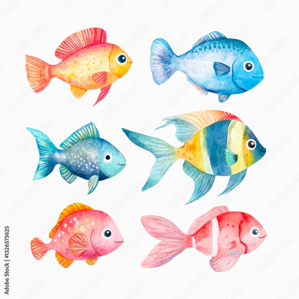 Fototapeta premium Watercolor clip art of colorful fish isolated on white background.