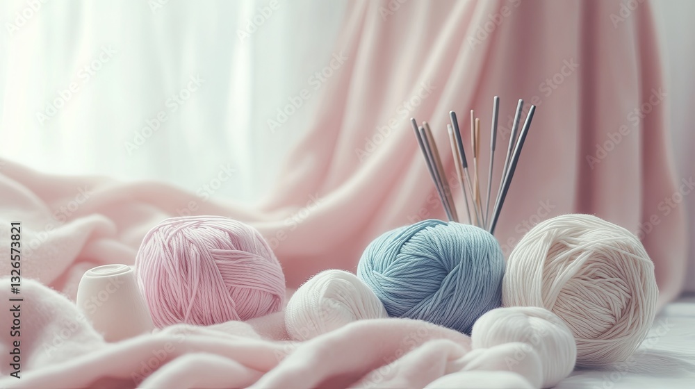 Obraz premium A serene flat lay of knitting supplies like yarn and needles on a soft background. picture