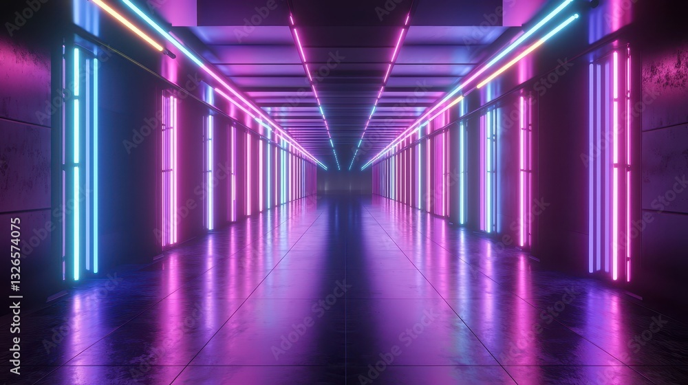 Futuristic Neon Lights in Dark Corridor with Reflections Futuristic Neon Lights in Dark Corridor with Reflections