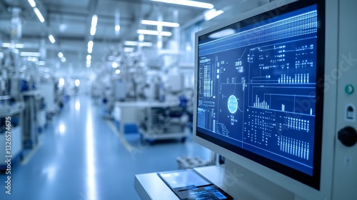 Close-up of Digital Screen Showcasing Semiconductor Manufacturing Data with Real-Time Graphs and Circuit Design Schematics