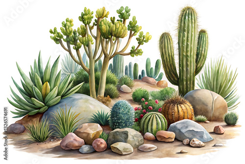 Watercolor of desert plants and rocks, including a large rock, smaller stones, several cactus plants, isolated on white background