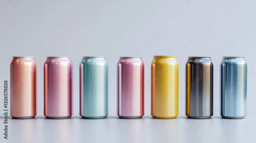 Row of colorful aluminum cans on white background.