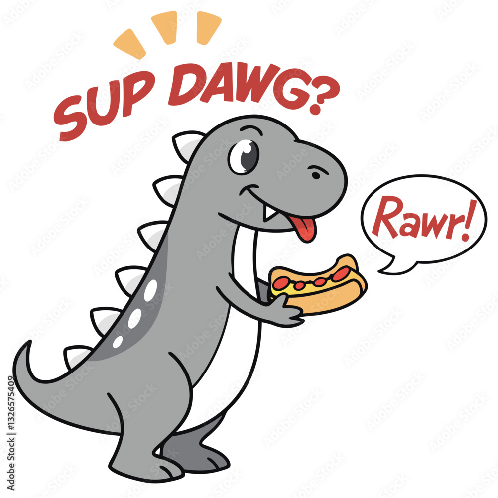 Obraz premium Funny Dinosaur SUP DAWG Hotdog T-Shirt Design