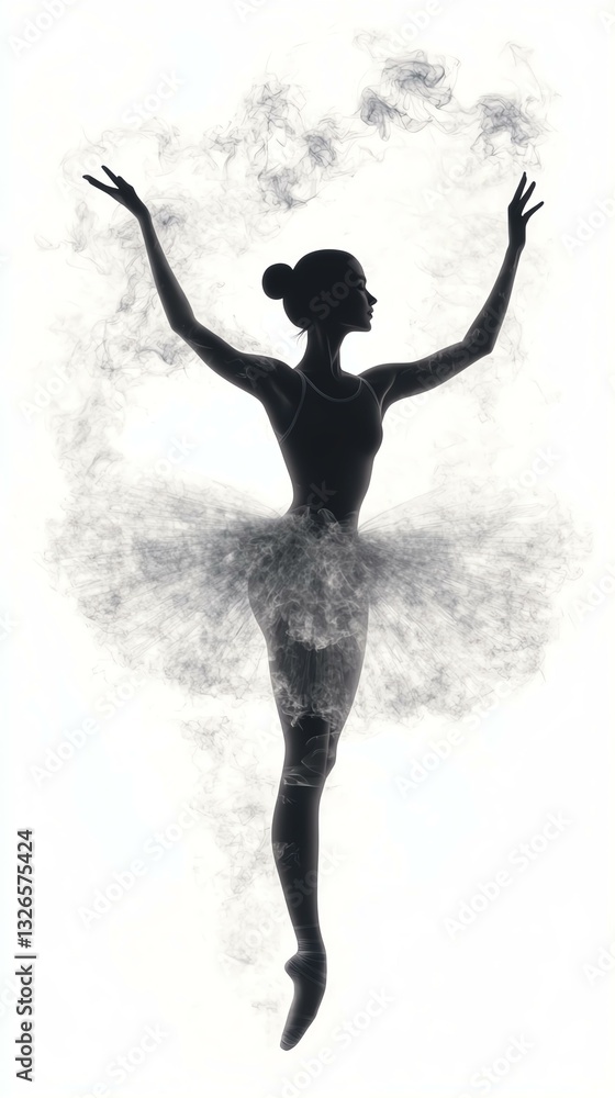 Obraz premium Elegant ballet silhouette with smoky effect, graceful dancer silhouette with misty smoke, artistic ballet figure in dreamy smoky atmosphere.