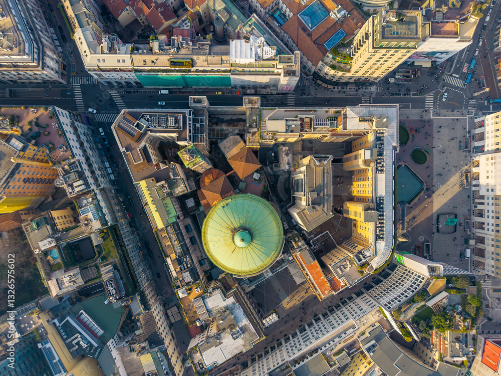 Top down above aerial Drone View of San Carlo al Corso’s Dome and Milan Skyline Top down above aerial Drone View of San Carlo al Corso’s Dome and Milan Skyline